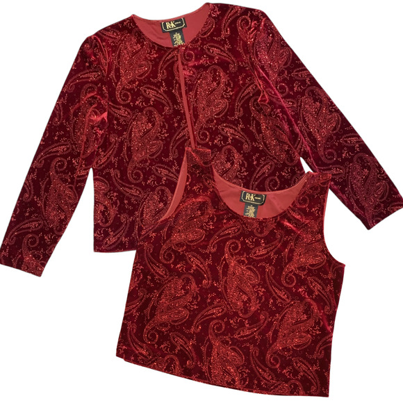 R&K Evening Cardigan & Tank Set Sz 14 Glittery Cocktail Party Stretch Red Velour - Picture 1 of 14